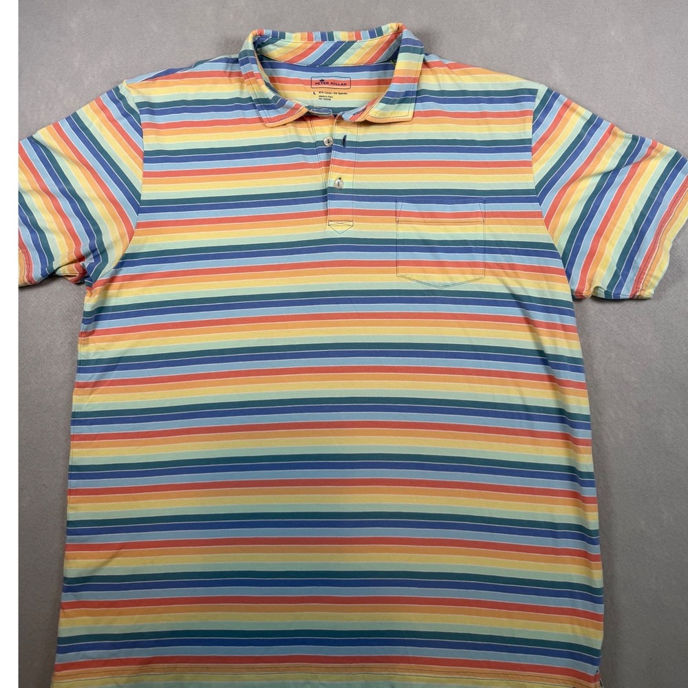 Peter Millar Mens Large Rainbow Stripe Cotton Spandex Polo Shirt Short Sleeve L